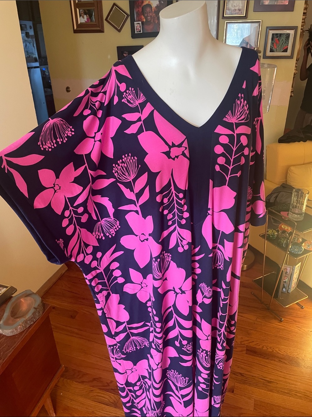 Stan Herman Vibrant Pink Floral V-Neck Caftan Maxi Dress - Picture 2 of 5